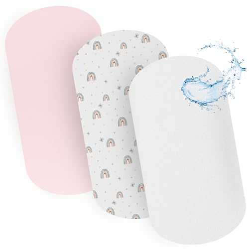 Juego de 3 Sábanas Ajustables para Minicuna 35x75 cm 2 Sábanas de Algodón Orgánico + 1 Protector Impermeable Suaves, Transpirables y Reutilizables para Bebé (Arcoiris/Rosa)