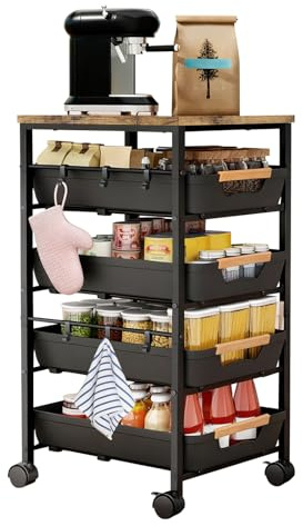 RMNKTHC Carrello da cucina con 5 ripiani e 4 cassetti, ruote a 360° con 2 freni, con piastra in legno e cesti ventilati, per conservare frutta, verdura, forno a microonde in cucina e soggiorno (32 x