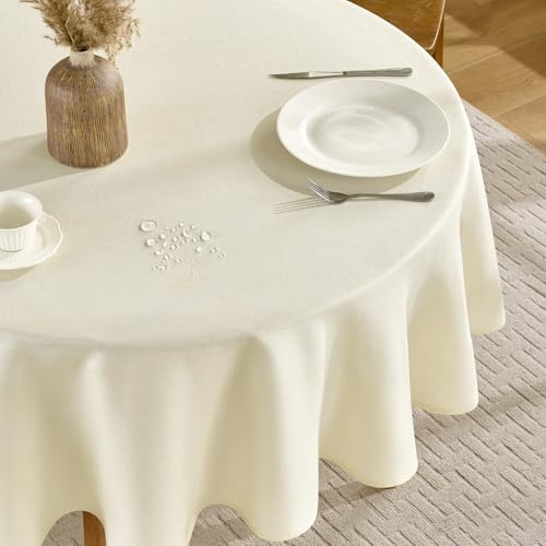 FIBORIA Mantel Redondo 160 cm de diámetro Beige de Falso Lino Manteles Exterior Antimanchas Mesita Salon Protector Mesa Modernos Comedor Decorativo para primaverales,Comedor,Cocina,Cumpleaños,Fiesta