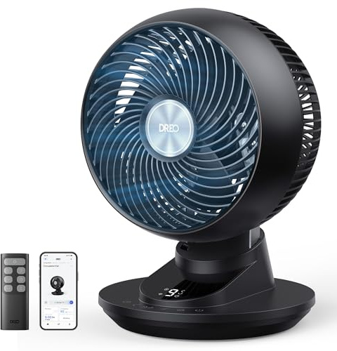 Dreo Ventilador de Mesa 3D para Dormitorio, Aire Potente 8.8 m/s, Ultra Silencioso 22 dB, Oscilación 90°, Control por App y Voz, 9 Velocidades, Temporizador 8/12 h, Ideal para Hogar y Oficina