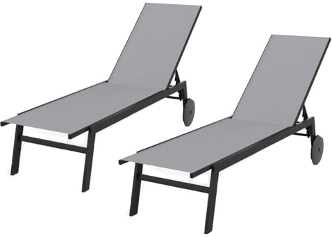 GIANTEX Juego de 1/2 Tumbonas de Jardín con Ruedas, Silla Reclinable de Metal con Respaldo Ajustable en 6 Posiciones, Tejido Transpirable, Tumbona para Piscina, Playa, Balcón (2, Gris)