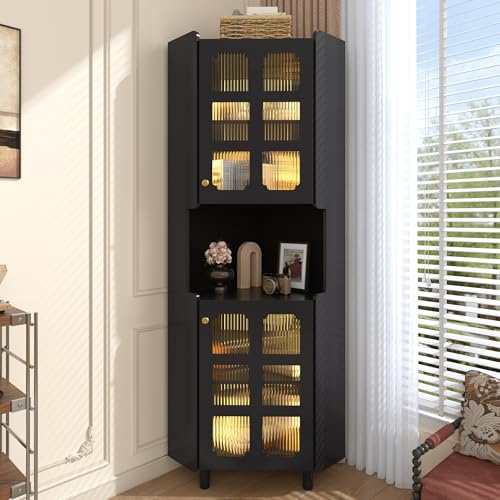 Wiuzo Armadio angolare con strato di vernice e illuminazione a LED, multifunzione ad angolo, per soggiorno, libreria, bagno, camera da letto, pannello MDF con superficie laccata bianca (nero)
