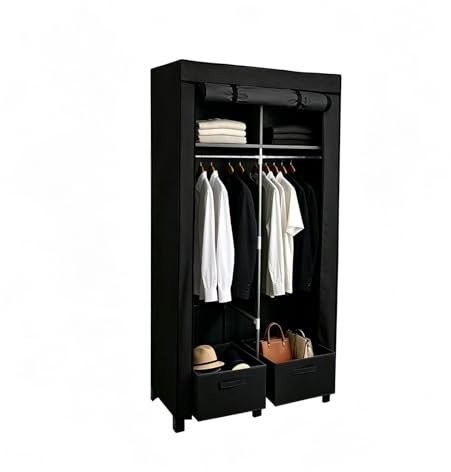 BREEZENEST Foldable Fabric Closet for Bedroom Canvas Portable Closet Storage Organizer Dust-Proof Fabric Wardrobe for Bedroom Dorm & Cloakroom with Reinforced Metal Frame 170×45×85cm Black