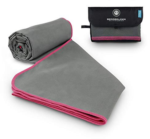 BERGBRUDER Microfaser Handtücher - Ultraleicht, kompakt & schnelltrocknend - Mikrofaser Handtuch, Reisehandtuch, Sporthandtuch (L 160x80 cm, Grau-Pink)