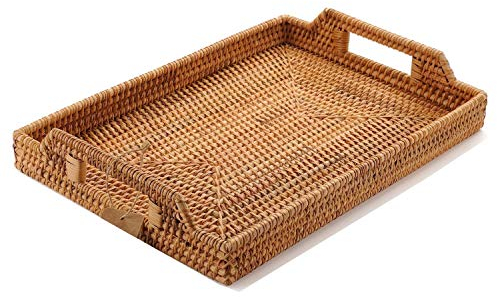 YANGQIHOME Bandeja de Ratán con Asas, Bandeja de Servicio de Mimbre para el Desayuno, Bebidas, Refrigerios (43cm)