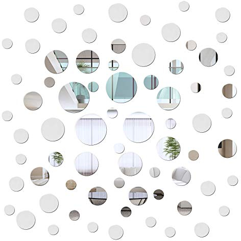 Gukasxi 72 Stück Runde Kreis Spiegel Wandaufkleber Acrylspiegel Selbstklebende Dekorative Wandspiegel für Wohnzimmer Esszimmer Schlafzimmer Flur Haus Dekor (Silber)