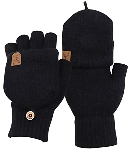 VEGCOO Mitaine Femme Hiver Chaud, Mitaine avec Couverture Demi-doigts en Tricot Mitaine Convertibles à Deux Formes (Noir-2)