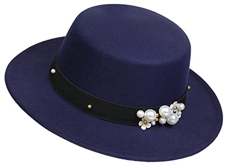 NiceYnn Classic Vintage Wool Wide Brim Flat Top Pork Pie Boater Hat, Adjustable Pearl Band Fedora Church Derby Felt Cap for Wedding Party Talent Show Navy Blue