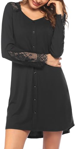 Rayson Chemise de Nuit Femme à Manches Longues Coton Vêtements de Nuit Col V avec Dentelle Ouvert Devant Chic Confortable Robe de Nuit(Rose,L)