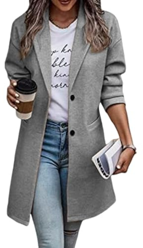 Onsoyours Blazer Femme Élégant à Manches Longues avec Bouton OL Bureau Affaires Veste Chic De Costume Devant Ouvert Long Manteau Cardigan Trench Coat A Gris L
