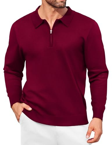 COOFANDY Herren Poloshirt Langarm 1/4 Zip Pullover mit Hemdkragen Slim Fit Business Elegant Pulli Rot L