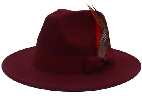 DELIMALI Women Men Retro Fedora Feather Decor Hat Wide Brim Wool Felt Cap Jazz Hat Panama Floppy Elegant Hat Party Wedding (A-Wine Red, ONE Size)