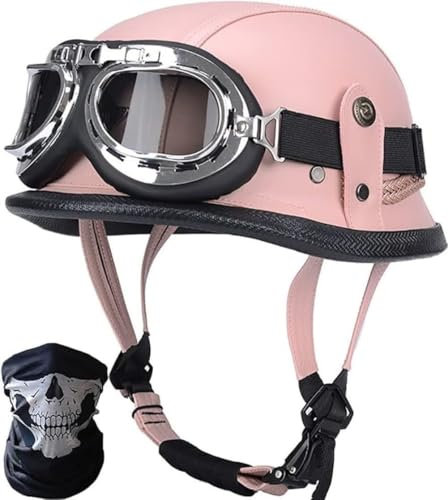 Casco da motociclista retrò in pelle tedesca per adulti, uomo e donna, casco aperto, con maschera e occhiali, per casco jet cruiser, scooter, ciclomotore, chopper, omologato DOT/ECE D,XL=61-62cm