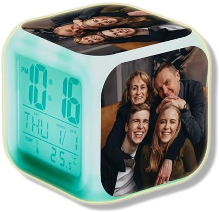 Personalised alarm clock with your own text/image themed digital, light up digital alarm bell, customised Square Clock, custom clock, Christmas, birthday, fathers day.