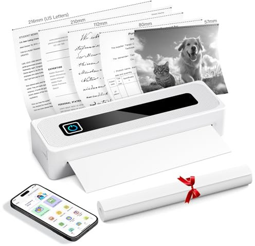 BADGESHAND Portable Printer Wireless, A4 Bluetooth Inkless Thermal Printer for School Home Use Office Vehicles Car Tattoo Stencils Compatible with Android & iOS Phone & Laptop (White)