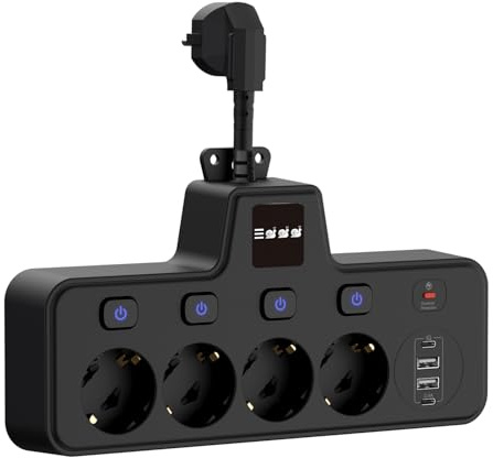 Adattatore con luce notturna touch con 4 scomparti, 2 porte di tipo C + 2 porte USB, interruttore singolo, protezione da sovratensione, nero per casa, ufficio (nero)