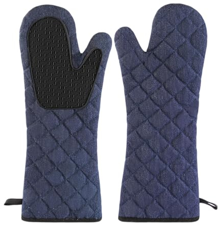 Juego de 2 Manoplas Horno Extra Largos 43x20cm, Guantes Horno Cocina Resistente al Calor, Antideslizantes con Silicona, Oven Gloves para Microondas, Hornear, Cocinar y Barbacoa, Azul Oscuro