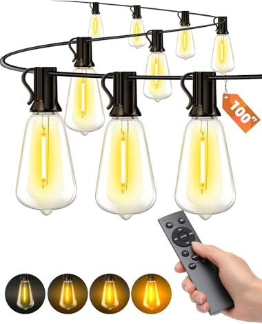 VOZUJI Outdoor Patio String Lights: 100Ft 30M Outside Waterproof Light - Remote Dimmable ST38 Shatterproof Bulb Connectable Hanging Outdoor Electric Lighting - Backyard Yard Gazebo Porch Party