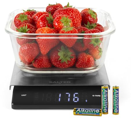 Salter Angled Display Kitchen Scale – Food Weighing Scale, 5kg Capacity, Aquatronic, Measures Liquids, Add & Weigh Function, Easy-Read, LED Display, Stainless Steel Platform, Compact & Precise, Black