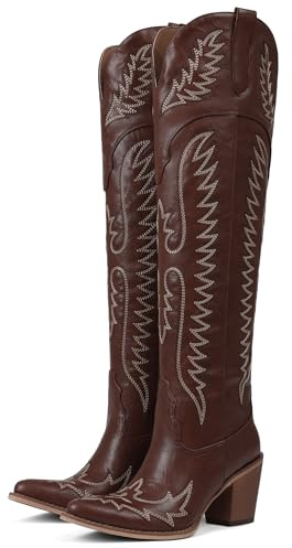 CELNEPHO Cowboy Boots For Women Over The Knee Western Boots With Classic Embroidered Chunky Heel Slip On Zipper Square Toe Fashion Cowgirl Thigh High Boots For Women