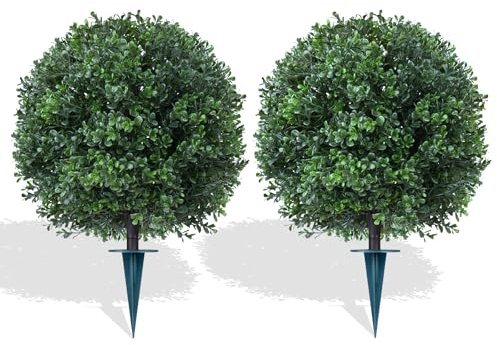 Artificial Boxwood Topiary Trees with Ground Spike,2 Pieces Fake Pine Shrubs Bushes, UV Resistant Faux Evergreen Cypress Tree Plants for Indoor Outdoor Planters Front Porch