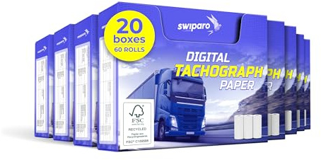 SWIPARO Certifierade färdskrivarrullar – termiskt papper för alla digitala lastbilsfärdskrivare – 57/8 mm (60 rullar)