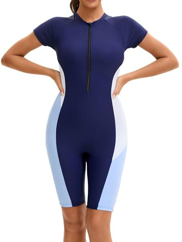 Hansber Costume Bagno Sportivo Donna Un Pezzo con Gambo Moda Bagno Blocchi Colore Patchwork Abbigliamento Che Modella La Figura Costume Nuoto Sport Acquatici E Blu Navy Azzurro 3XL
