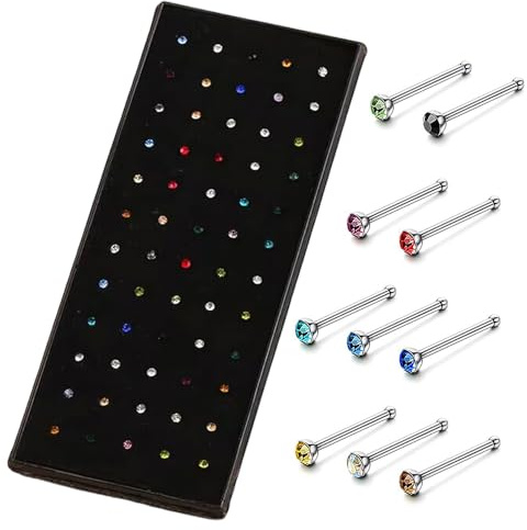 2 mm näspiercingskontakt – 60 st nässtavar silver näsa kontakt med strass rak stolthet stift stål plugg smycken, liten piercing näsa smycken med förpackning Nostril piercingplugg