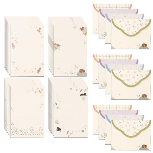 Papier à Lettre avec Enveloppe Set, 48 Feuilles A5 et 24 Enveloppes, 4 Motifs Mignons (Chat, Écureuil, Oiseau, Ours), Papier Lettre Épais pour Love Letter, Carte Invitation Anniversaire, Fille