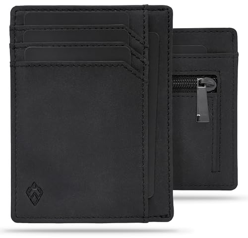 AKIELO Porta Carte di Credito con Blocco RFID e Portamonete con Cerniera in Confezione Regalo – Portafoglio Uomo Slim – Porta Tessere dal Design Minimalista (BRAVO - Edizione Nera con Zip)