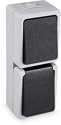 HEITECH Ensemble prise de courant et interrupteur en saillie IP44 - Prise de courant et interrupteur pièces humides - Prise de courant terre étanche - sécurité enfant - 250 V 16A