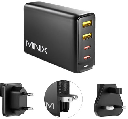 MINIX GaN universell 4-portars Turbo laddare 100 W snabbladdning 2 x USB-C Power Delivery 3.0 (Max 100 W), 2 x USB-A Quick Charge 3.0 (Max 18 W). Säljs direkt av Minix. (Neo P2)