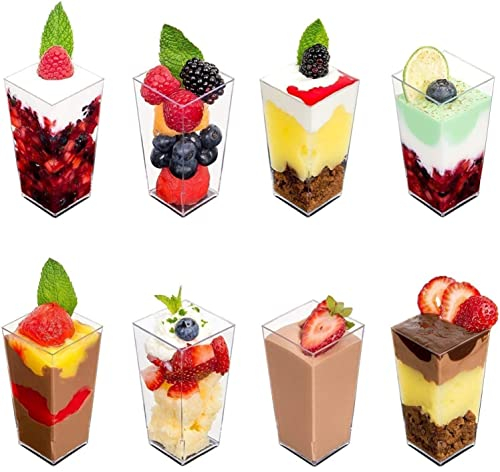 KAHEIGN 60 Piezas Mini Tazas de Postre, 90ml Vasos de Postre Altos Cuadrados de Plástico Copa de Aperitivo de Parfait Transparente Tazón para Servir Reutilizable para Mousse Pudín (3,8 x 8,3cm)