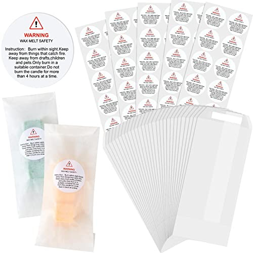 Sinmoe 50 Sets 7 x 16 cm Wax Melts Snap Bar Packaging Bags and Candle Warning Labels Kit, Includes Self Adhesive Glassine Paper Bags for Candle Warning Stickers Container Stickers