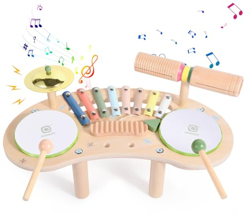 Asweets 7 in 1 Kids Drum Set for Toddlers Wooden Xylophone Musical Instruments Kit Play Set for Toddler Baby Drum Set Montessori Toys Sensory Toys Birthday Gifts for Girls Boys (Moon)