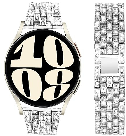 VISOOM Kompatibel mit Armband Galaxy Watch 7/6/5/4/FE,Edelstahl Metallarmband Metall Uhrenarmband Mit Diamant für Samsung Galaxy Watch 4 5 6 7 40mm 44mm/4 Classic 42mm 46mm/5 Pro 45mm,Silber