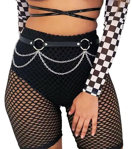 Ushiny Halloween Punk Damen Taillengürtel Schwarz Leder Y2K Körpergürtel Festival Rave Outfit für Frauen