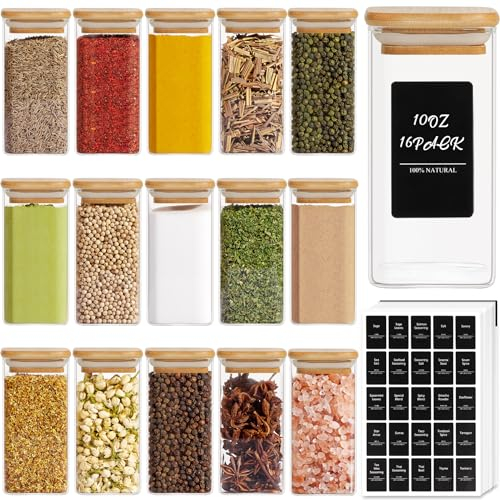 ComSaf 16Pcs Glass Spice Jars with Bamboo Lid, 300ml Small Glass Jar with Bamboo Lids, Airtight Square Containers with Black Labels, Empty Seasoning Jars for Spice Salt Sugar