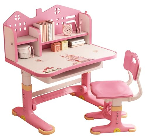 Lamphle Barnskrivbord och stolsset, höj- och sänkbart arbetsskrivbord med rymlig förvaring, barnbord och stol med gyllene distansdesign i rosa