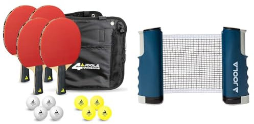 JOOLA Tischtennis-Set Quattro, 4 Tischtennisschläger + 10 Tischtennisbälle + Tasche, 28,5x26x8,5cm & ausziehbares tragbares Tischtennisnetz Connect, Set (verstellbare Länge)
