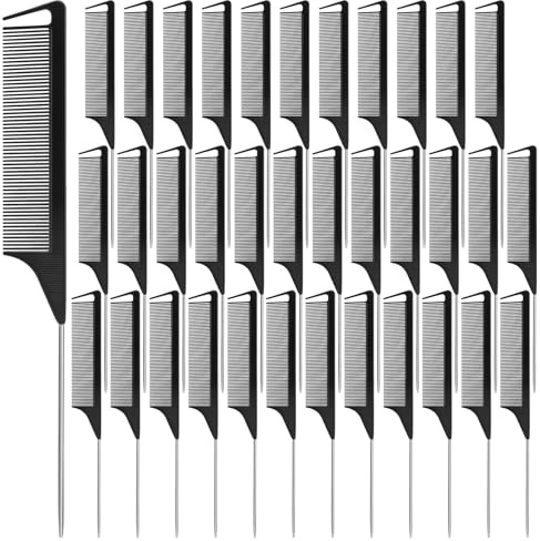 NICEMOVIC 36 Pack Rat Tail Parting Rattail Braiding Combs Bulk for Women, Parting Combs for Braiding Hair, Individually Wrapped Braider Essentials Barber Supplies Accessories Tools (Black)