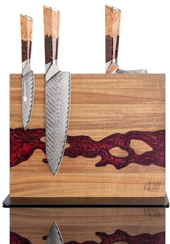 FINDKING Magnetic Knife Block, Double Sided Holder, Powerful Magnet Kitchen Storage, Acacia Wood and Red Resin (12 x 10 Inches, Without Knives)