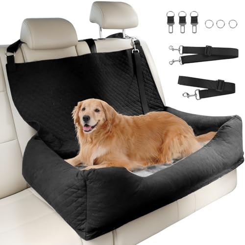 Honey Paws Dog Car Seat for Medium to Large Dogs or 2 Puppy Dogs, Dog Car Bed with Safety Adjustable Leash, Detachable and Washable with Anti-slip Bottom, Easy to Install