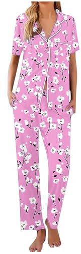 Mrat Pigiama da donna Set di 2 pezzi Set da notte con stampa floreale carino pigiama a maniche corte con risvolto e bottoni camicie pantaloni lunghi tuta estiva pigiama set da salotto con tasche