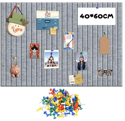 Behogan 60x40cm Filz Pinnwand, Dekorative Pinnwand aus Filz, Faltbare Fototafel mit selbstklebendem Klebeband, 30 Pinnnadeln,Sichttafel für Wände in der Schule, zu Hause(grau)