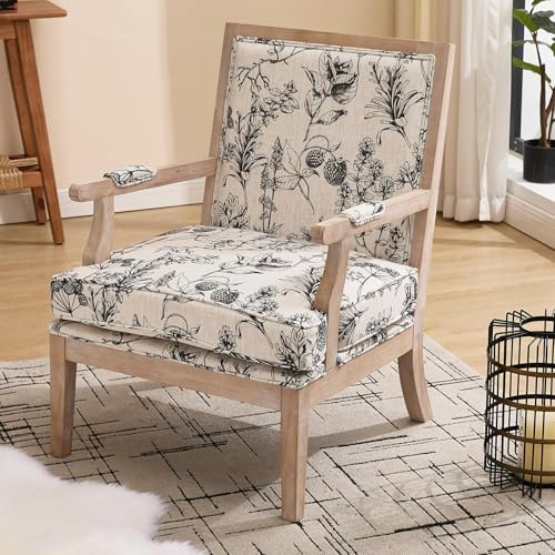 DM Furniture Modern Farmhouse Accent Chair, Wide Linen Upholstered Living Room Chair with Armrest Pads, Coastal French Country Wooden Armchair for Bedroom Guest Room, Floral Pattern