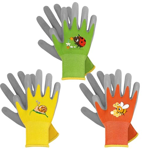 WAWSAM Guantes de jardinería para niños (Amarillo + Naranja + Verde, 3-5 años)