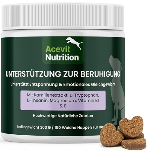 Lugnande medel för hundar, 150 läckra snacks 100 % naturligt – stöder avkoppling och lugn vid stress, nervositet och oro – Med L-tryptophan, kamomill, L-teanin och magnesium | Acevit Nutrition