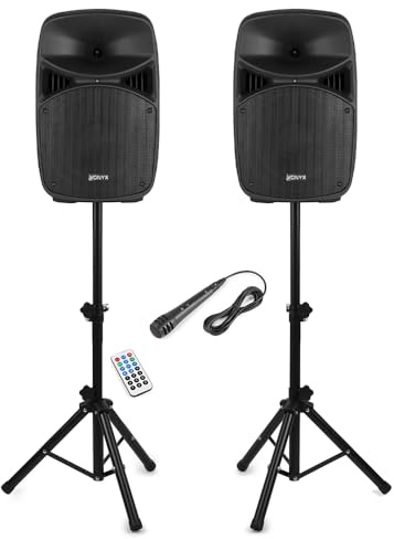 Vonyx VPS102A 10 Active DJ PA Speaker System with Bluetooth, USB/SD MP3 Playback, Adjustable Sound Control, Active/Passive Pair with Microphone & Speaker Stands Included