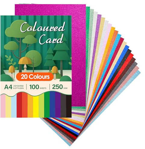 Aodaer 100 Sheets Glitter Cards, A4 Coloured Glitter Card Stock, 250 GSM Thick Sparkle Shiny Card Paper, 20 Assorted Colors Handmade Origami Paper for DIY Crafting Scrapbooking Office Printing
